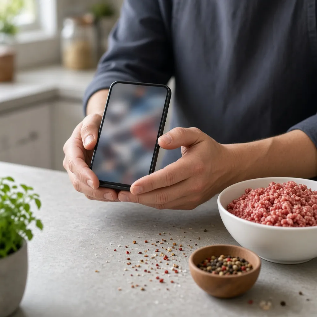Mãos segurando um celular ao lado de uma tigela de carne moída e temperos. Imagem ilustrativa