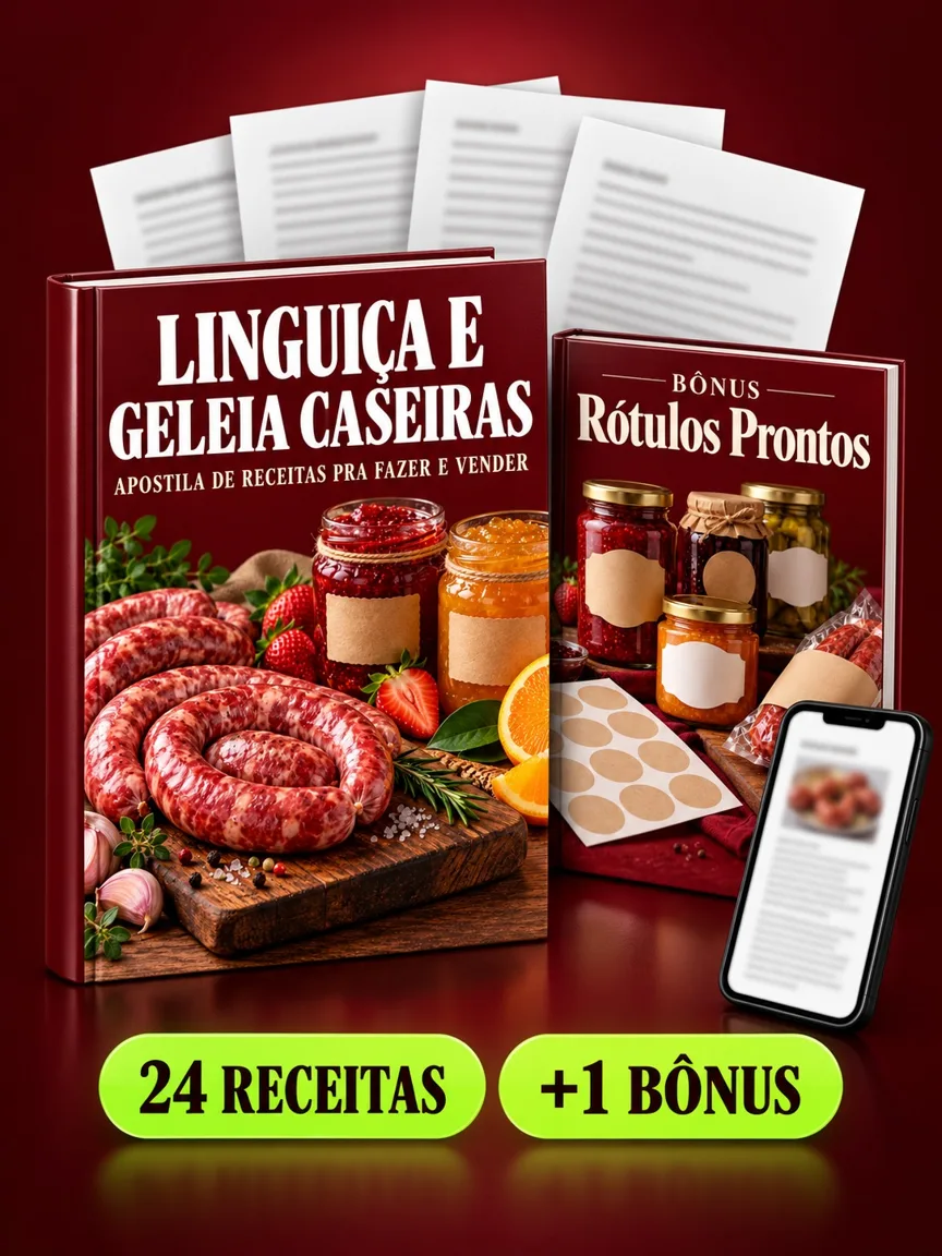 Montagem ilustrativa do Linguiça e Geleia Caseiras: livro com a capa, páginas do material e celular e capas dos bônus