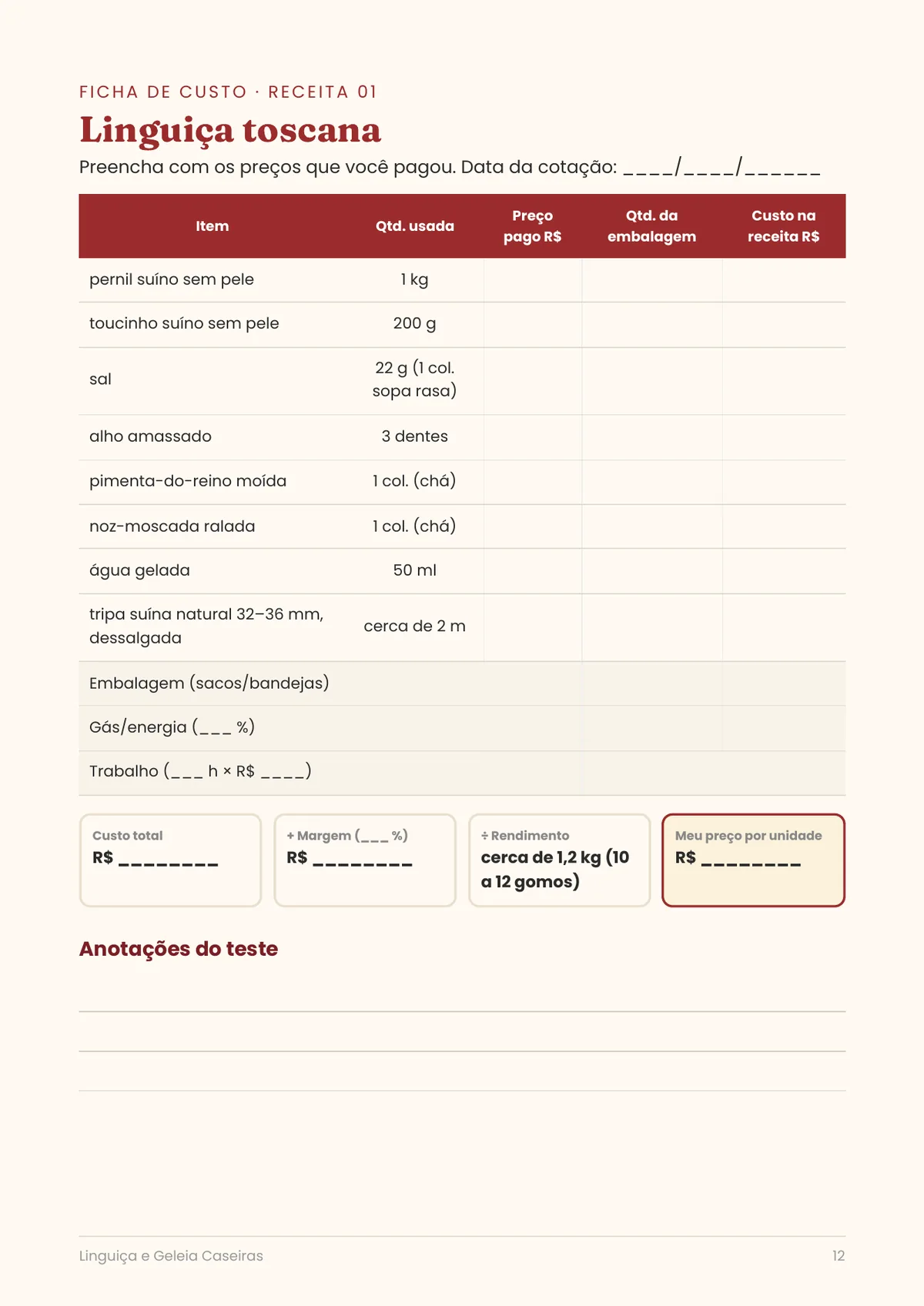 Página real do PDF Linguiça e Geleia Caseiras: ficha de custo