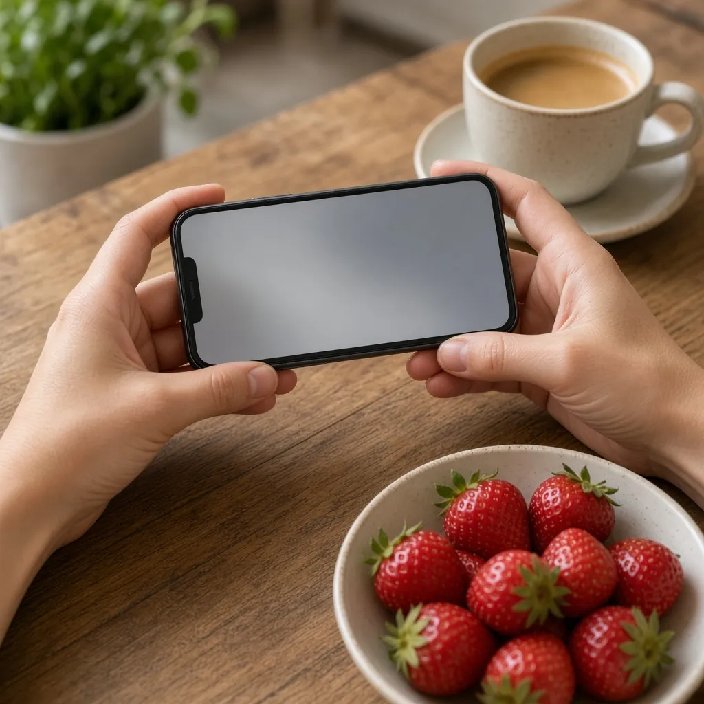 Mãos segurando um celular sobre a mesa, ao lado de um café e morangos. Imagem ilustrativa